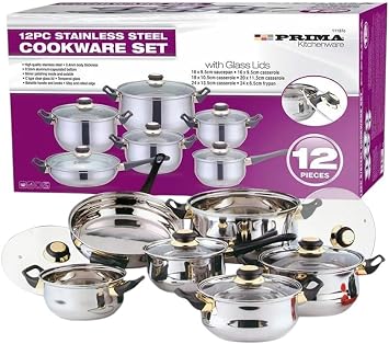 12-Piece Stainless Steel Cookware Set - Includes Saucepans, Frying Pans, Pots & Casserole with Non-Stick Surface & Glass Lids | Durable & Long-Lasting Kitchenware