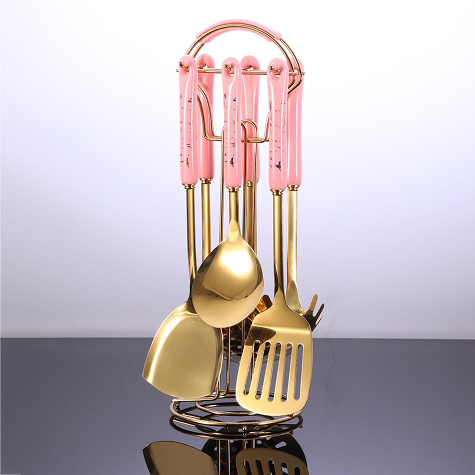 7 Pieces Gold Cooking Utensil Set with Hanging Shelf Kitchenware Cookware Set Stainless Steel 304 Nonstick Heat Resistant Ceramic Handle BPA Free Dishwasher Safe, Pink