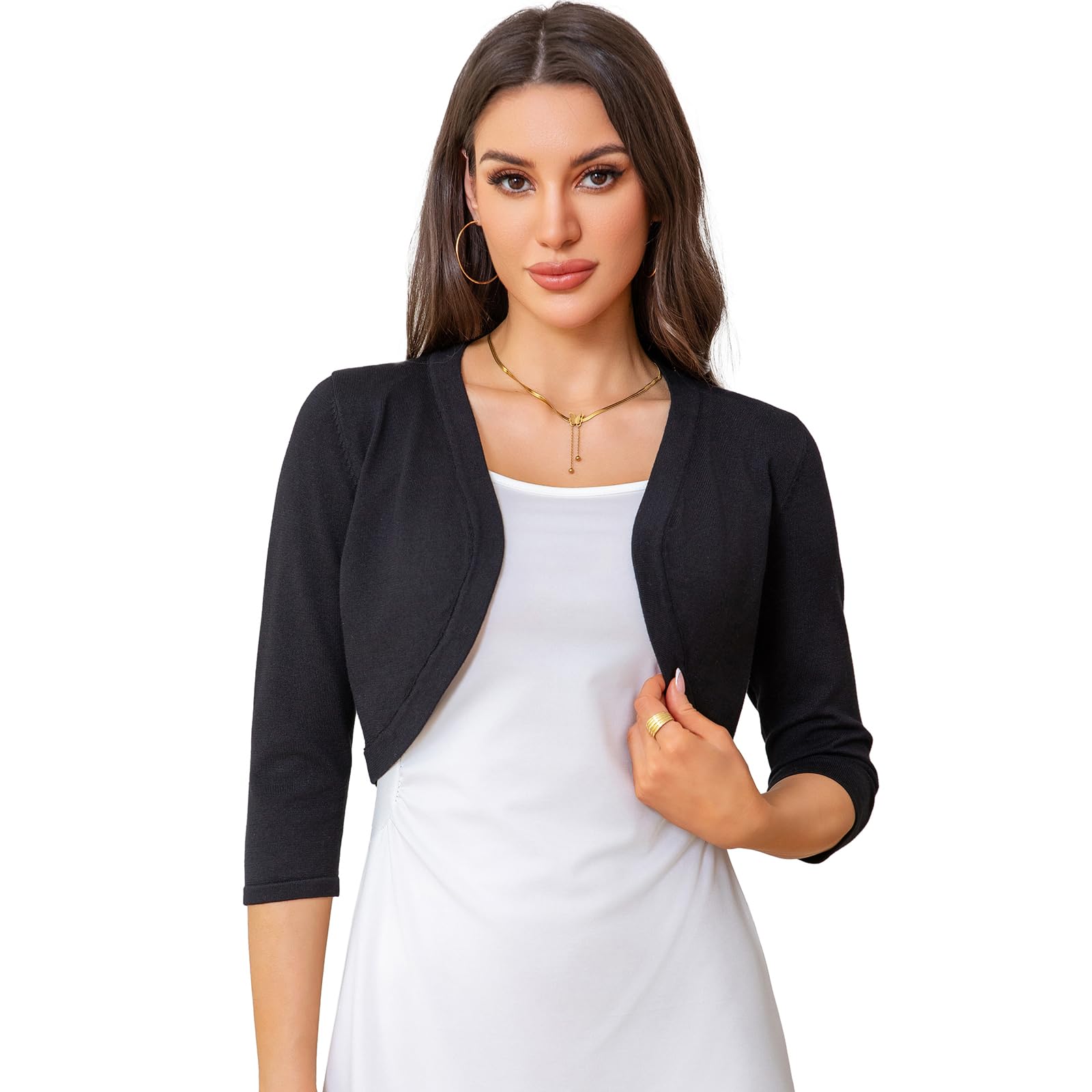 CHUANGDA Womens 3 4 Sleeve Shawl Collar Cardigan Lightweight Style Front-Opening Cropped Length Suitable for Women S-2XL