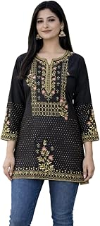 Women's Black Kurti with Golden Floral Embroidery, 3/4 Sleeves, V-Neck, Ethnic Indian Tunic Top Price In India