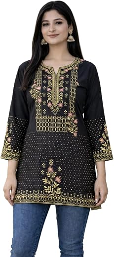 Women's Black Kurti with Golden Floral Embroidery, 3/4 Sleeves, V-Neck, Ethnic Indian Tunic Top