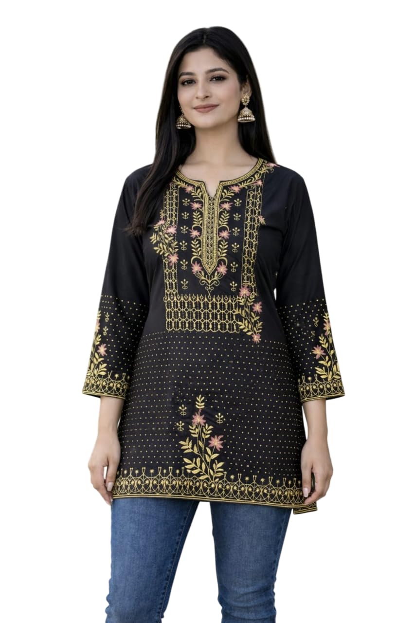 Women's Black Kurti with Golden Floral Embroidery, 3/4 Sleeves, V-Neck, Ethnic Indian Tunic Top - Review, Price and Buying Guide