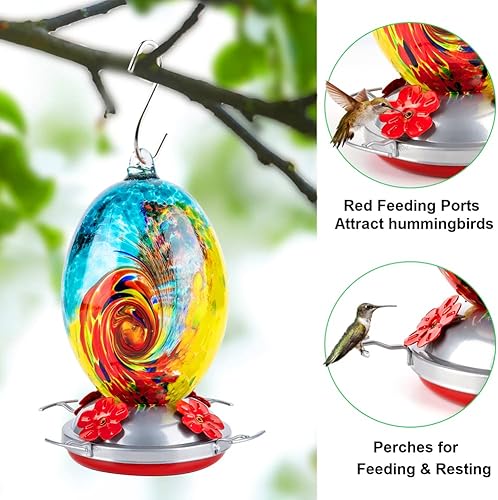 Miniatura 2 de Comedero para colibríes para exteriores, patio, jardín, vidrio soplado a mano, comedero grande de colibríes colorido de 30 onzas con ganchos,