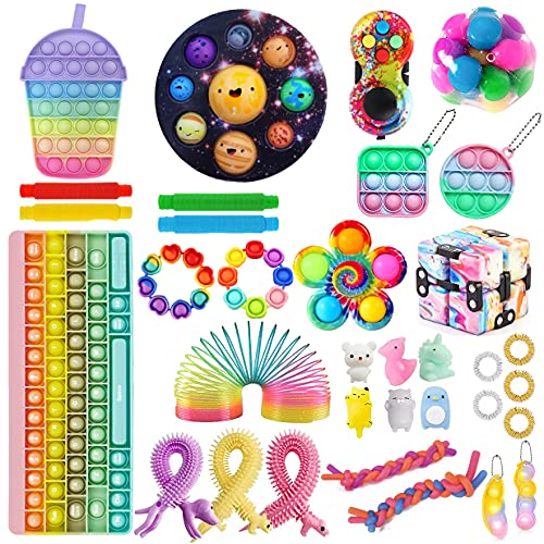 Fidget Packs Fidget Toy Set Anti-Anxiety Tools, Big Size Push Pop Bubble with Ball Tube Spinner Keyboard Fidgets Toys Sets Stress Relief Toys for Kids Fidget Packs (Toy N)