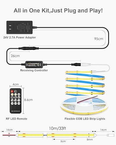 Miniatura 4 de ALITOVE Tira de luz LED COB de 32.8 pies, color blanco, 6500 K, súper brillante, 24 V, tira de luces LED con control remoto, regulable, 3200 LED,