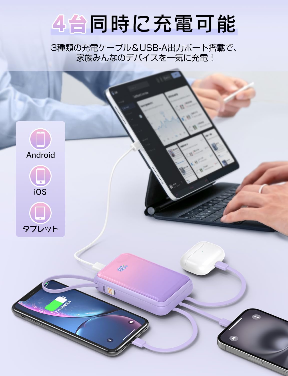 Amazon | モバイルバッテリー 大容量【超小型サイズ・4本ケーブル内蔵