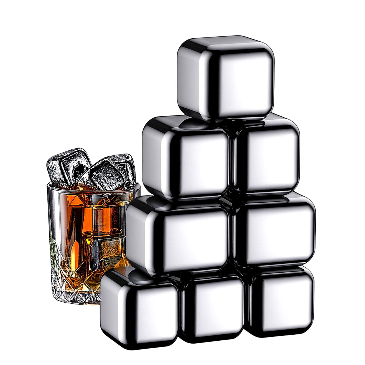 Stainless Steel Whiskey Stones Ice Cubes Reusable for Whiskey, Vodka, Liqueurs, Wine, Beverage Juice or Soda, Pack of 2