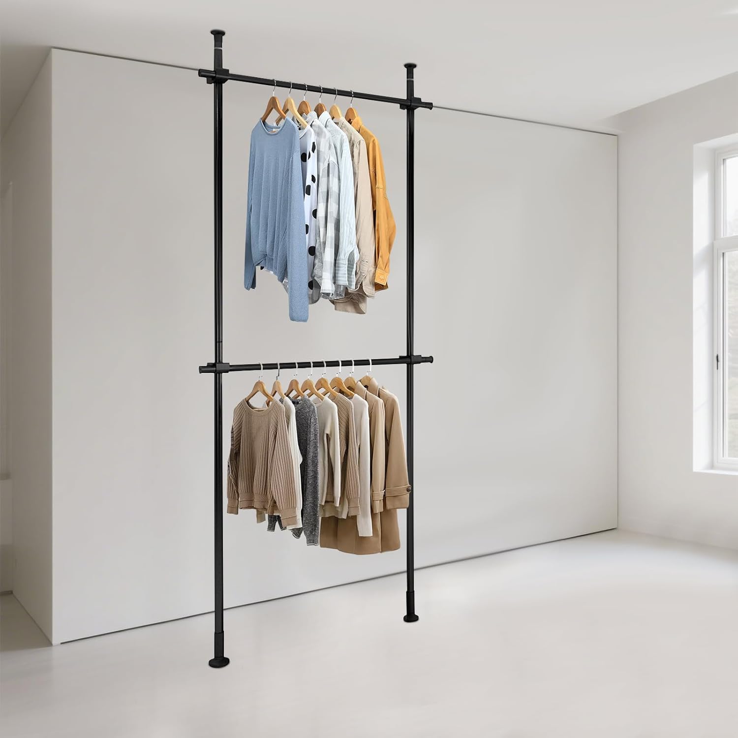 2-Tier Heavy Duty Floor to Ceiling Clothes Racks, Carbon Steel Freestanding Coat Rack Closet Organizer with Adjustable Height & Width, 220lbs Load, No-Drill Installation for Home, Laundry, Boutique