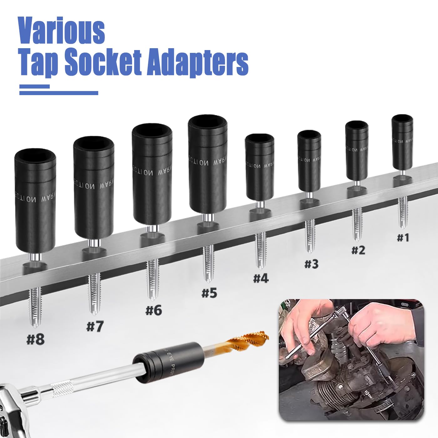 Mesee 8 Pieces Thread Tap Socket Set 1/4" & 3/8" Drive Tap Socket Wrench Screw Taps Sockets Adapter Holders for Automotive Home Repairs Threading Tasks - Image 4