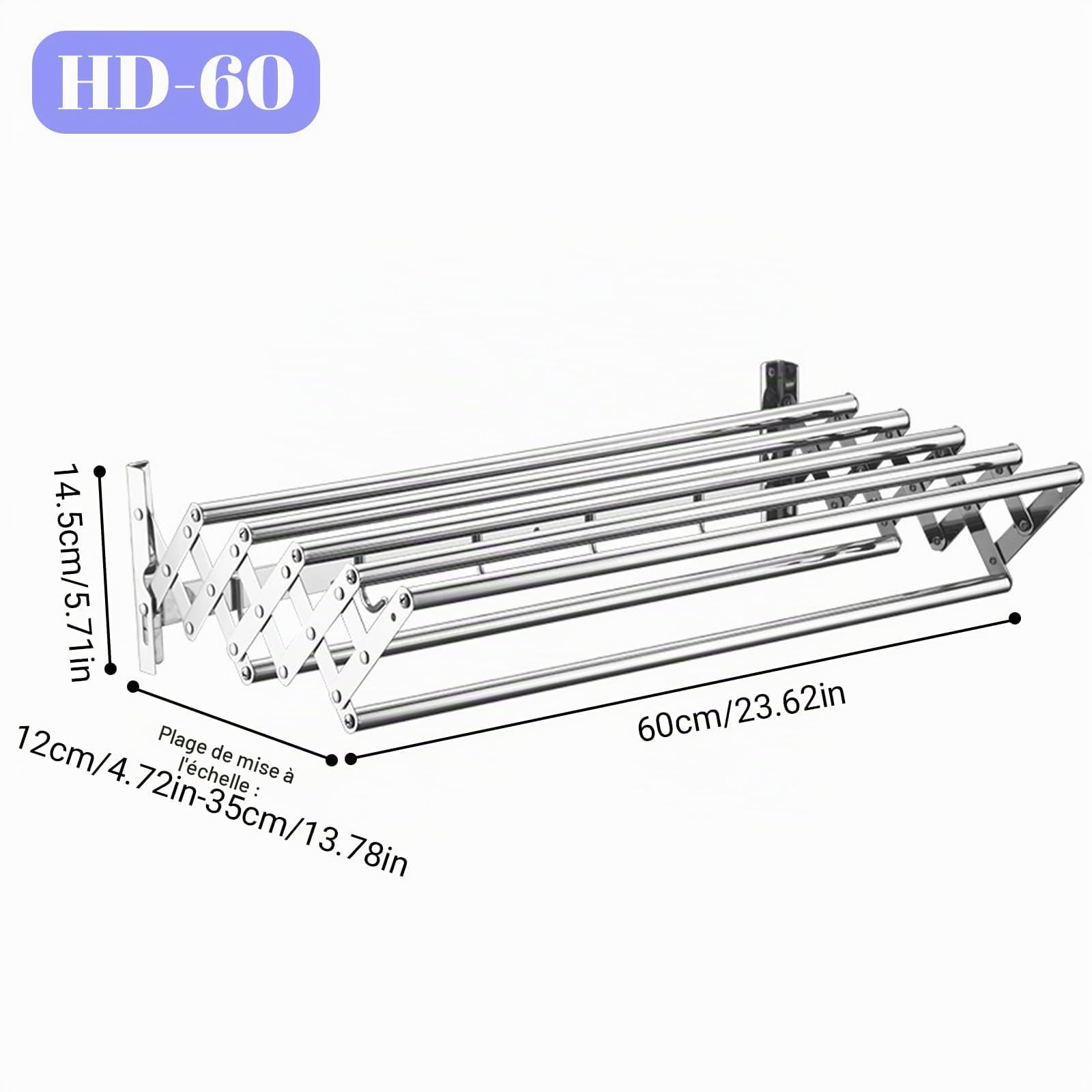 Etendoir Mural Sechoir à Linge Retractable Pliable Extérieur avec 4 Accroche Acier Étendoir à Linge et Suspendu en Acier Inoxydable pour Gagner de la Place pour Salle de Bain, Balcon (60cm)