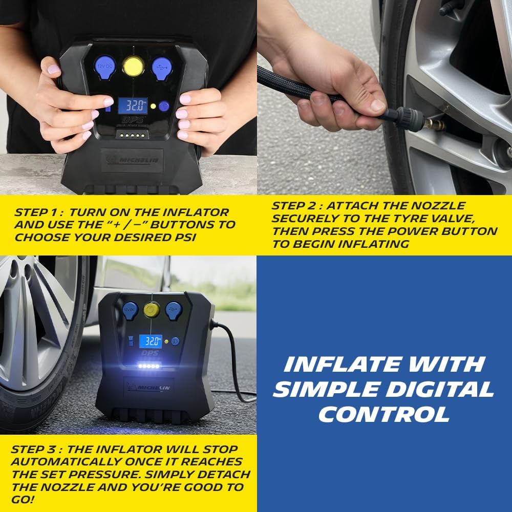 MICHELIN 009519 Compresseur à Air 12 V Programmable – 7 Bars – Gonflage Pneus de Voiture en 3 Minutes – Arrêt Automatique - Manomètre Digital – Robuste Compact – LED - Livré avec Embouts adaptateurs