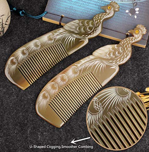 Aibote Natural Yak Ox Horn Comb-100% Handmade Double-Sided Engraving Peacock Anti-Static Detangling Hair Massage Horn Comb Gift For Women Girls,8 Inches #TOP1