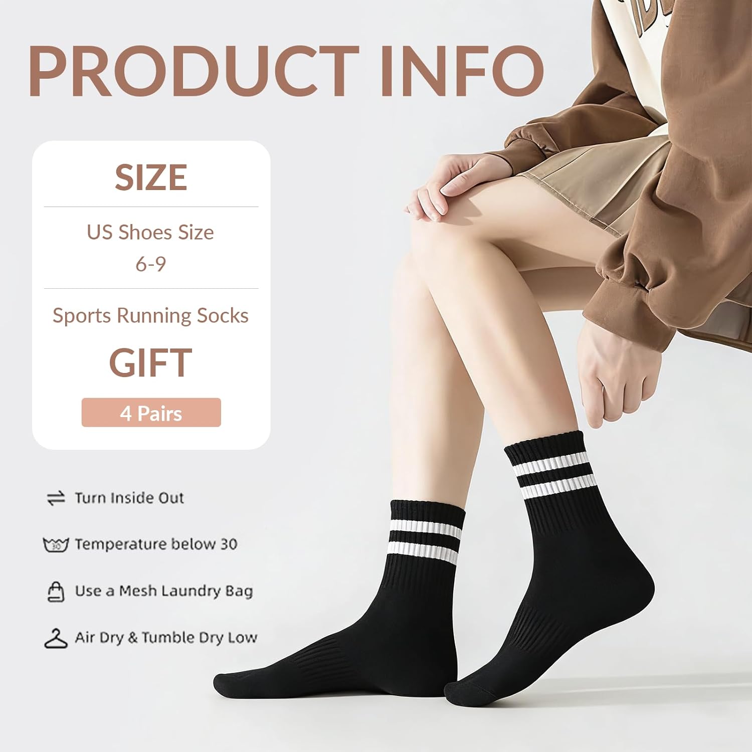 4Pairs Women Striped Cotton Crew Socks, Athletic Running Socks for Sport, Home,Office, School, Size 6-9 - Image 2