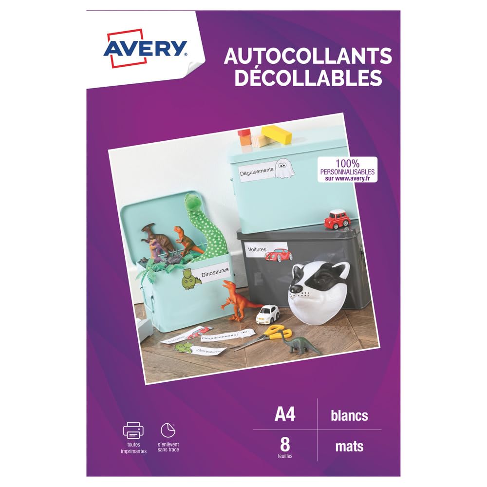 AVERY - 8 Étiquettes Autocollantes Personnalisables - Format A4 - Compatible Machine de Découpe - Impression Jet d'Encre