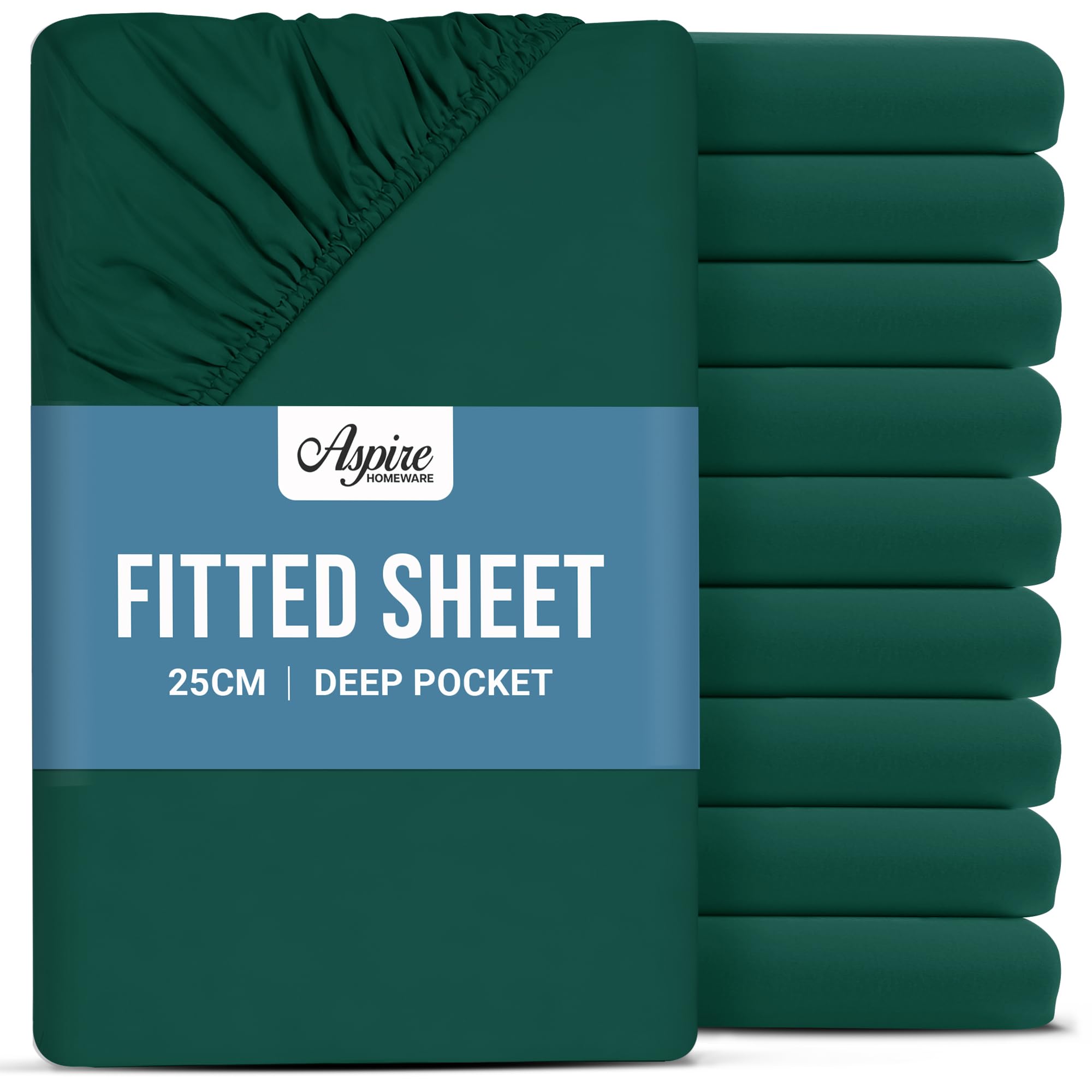 Aspire Homeware Single Fitted Sheet 10 Pack - 25 cm Deep Hotel Quality (Emerald) Bed Sheets - Soft & Breathable Fitted Sheet Single Bed - Anti-Wrinkle Easy Care Fitted Sheets