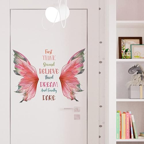 Miniatura 7 de Calcomanía de pared con citas de mariposa rosa, Think Believe Dream Dare - Calcomanías de pared de vinilo autoadhesivo para decoración de pared para