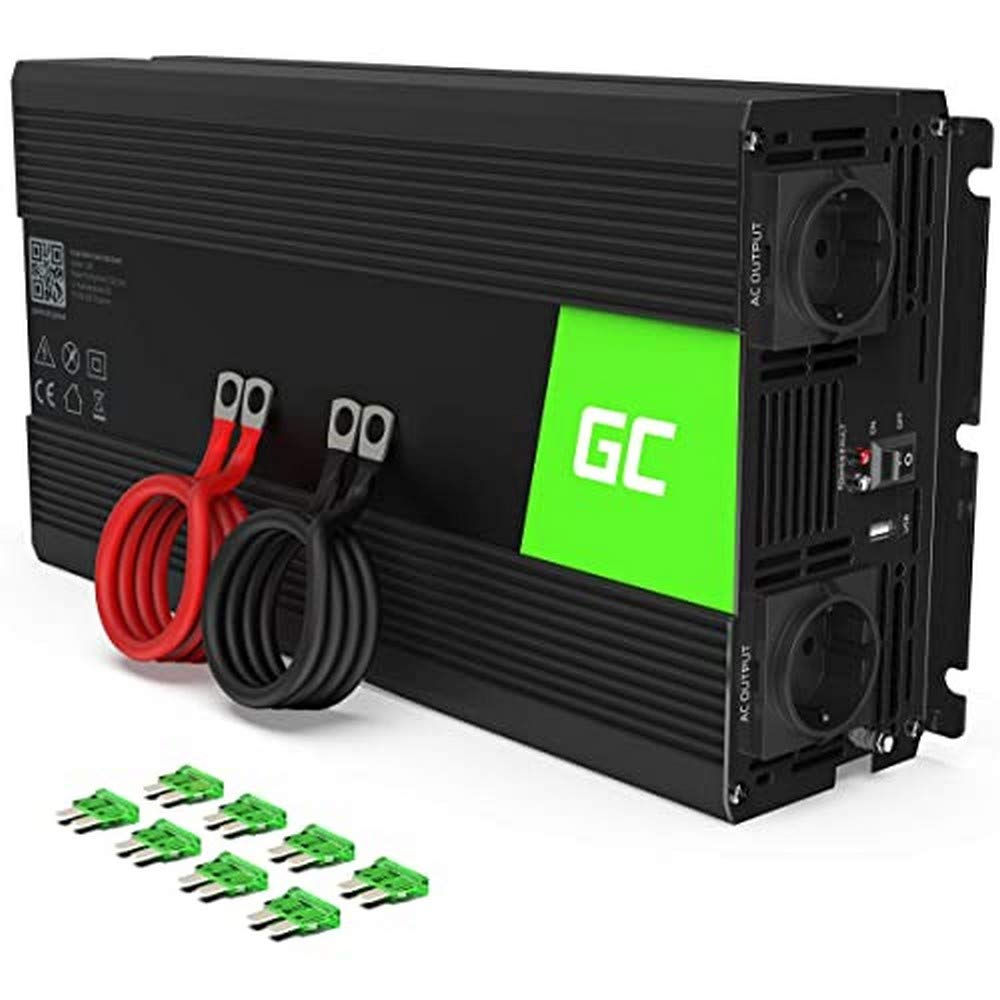 Green Cell pro 1500W/3000W 12V auf 230V Volt kfz Spannungswandler Wechselrichter Power Solar Inverter & Offgridtec Batteriekabel mit Flachsicherungshalter, 30 A Sicherung und Batteriepolklemmen, 1,5 m