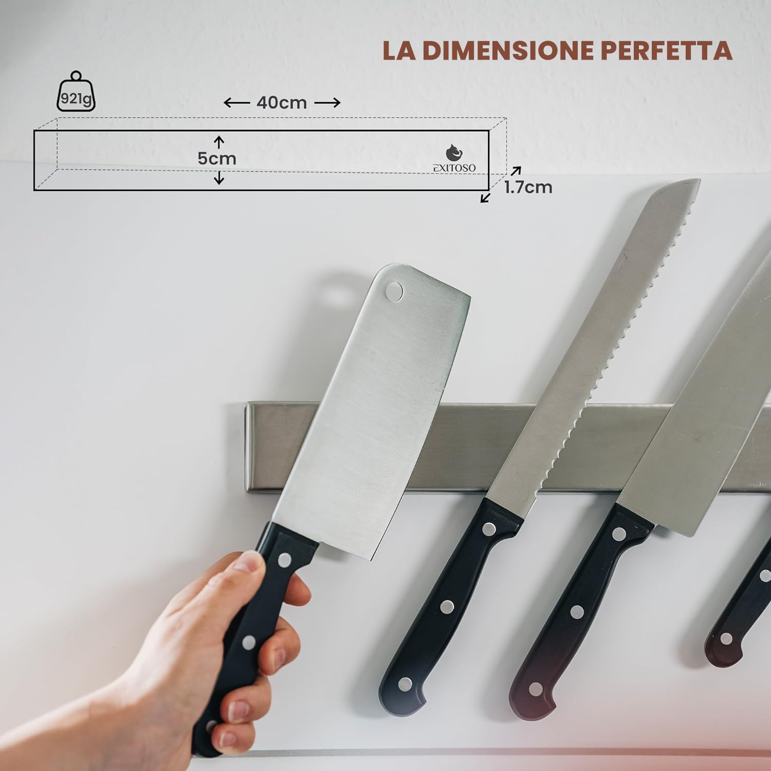 Exitoso Coltello a Striscia Magnetica in Acciaio Inox Autoadesivo - Incollaggio e Foratura Con Nastro Adesivo 3M - Portacoltello Magnetico Striscia per Coltello