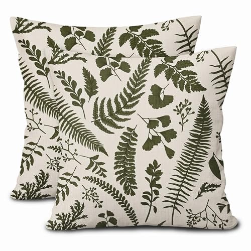 Olive Green Leaf Plant Pillow Covers 18X18 Inch Set of 2 Tropical Fern Herbs Botanical Leaves Floral Decorative Pillow Cases Vintage Cushion Case Farmhouse Home Decor For Couch Sofa Porch Outdoor