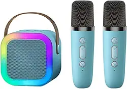 Microfone Karaoke Bluetooth com 2 Microfones Sem Fio Portátil Recarregável Com Modos de Voz Led Para Criança e Adulto (Azul)