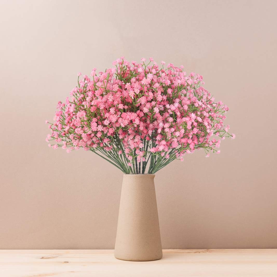 Bosslandy Babys Breath Artificial Flowers Fake Bule Bouquet of Flowers for Wedding 12 Pcs Faux Dried Baby's Breath Crown Silk Real Touch Gypsophila for Home Party Garden Decoration(Pink)
