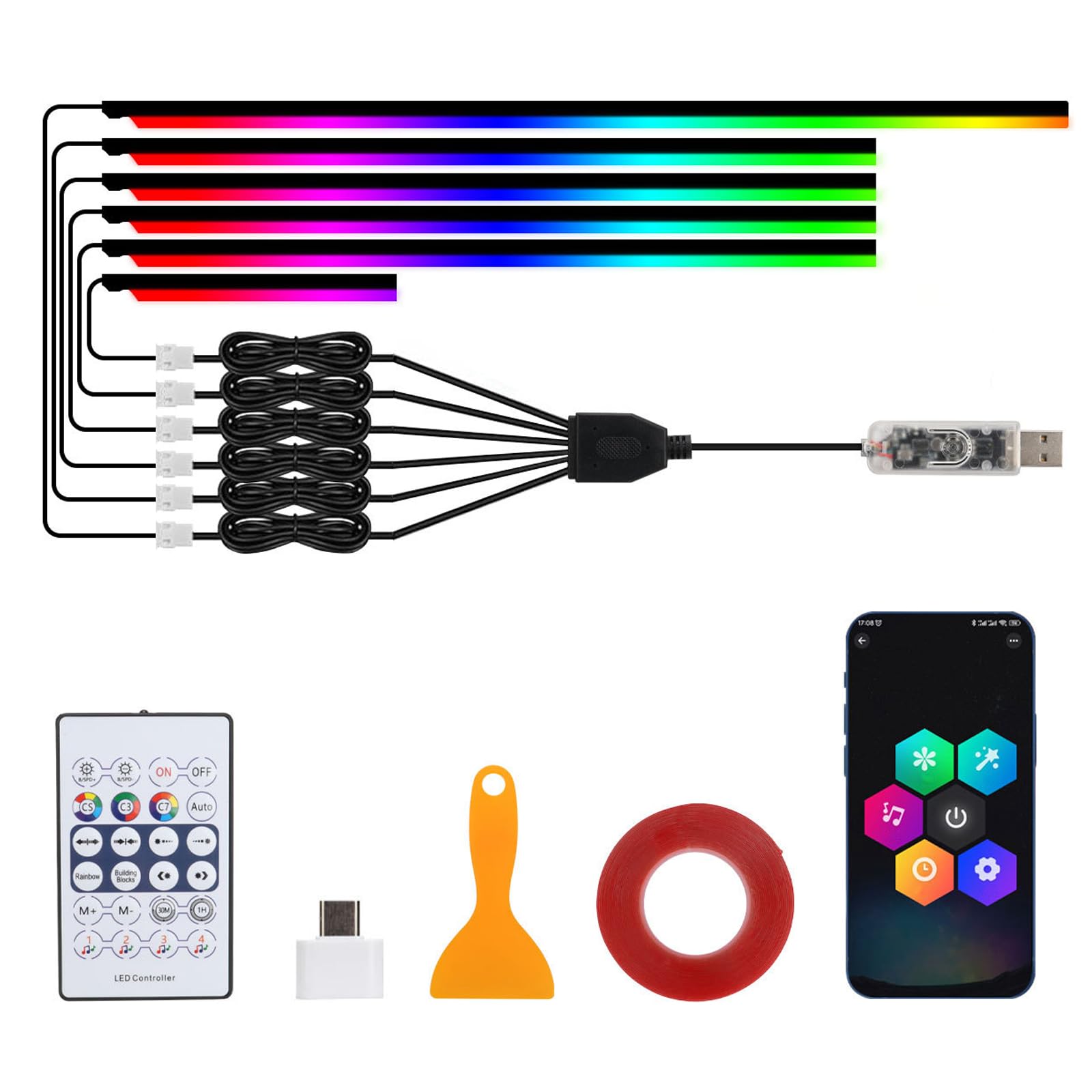 Éclairage LED Intérieur Voiture RGB, Kit de 6 Bandes Lumineuses 445 cm avec 584 LEDs, 16 Millions de Couleurs, 210 Effets, port USB, contrôle musical, APP & télécommande, Lumière d’Ambiance Auto