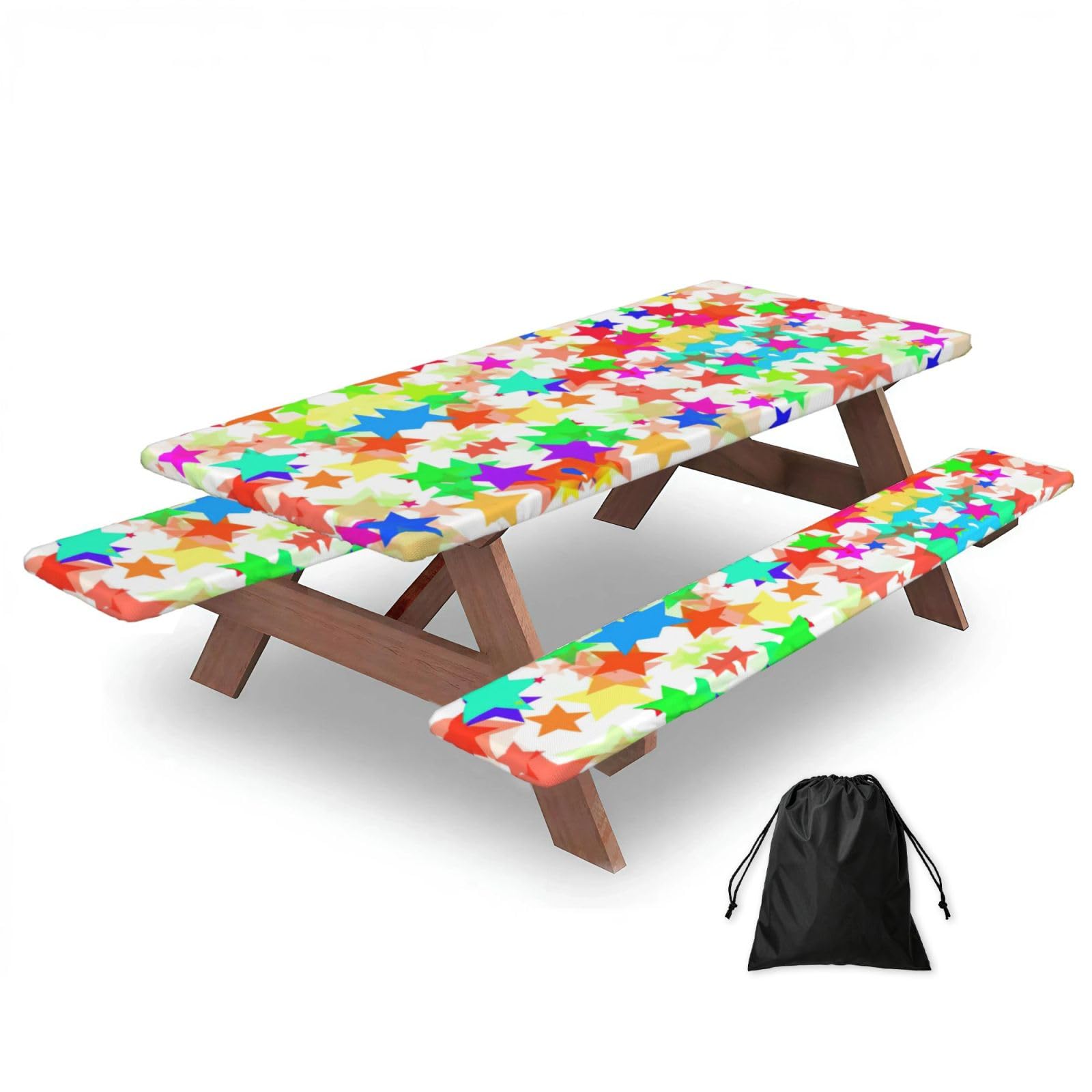 Colorful Star Print 183cm Picnic Table Cover With Bench Covers, Waterproof Elastic Tablecloth Set For Outdoor