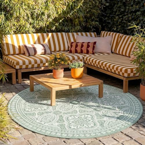 FRAAI | Home & Living Tapis d'extérieur Rond - Summer Oriental Vert - Ø 100 cm - Tapis Exterieur...