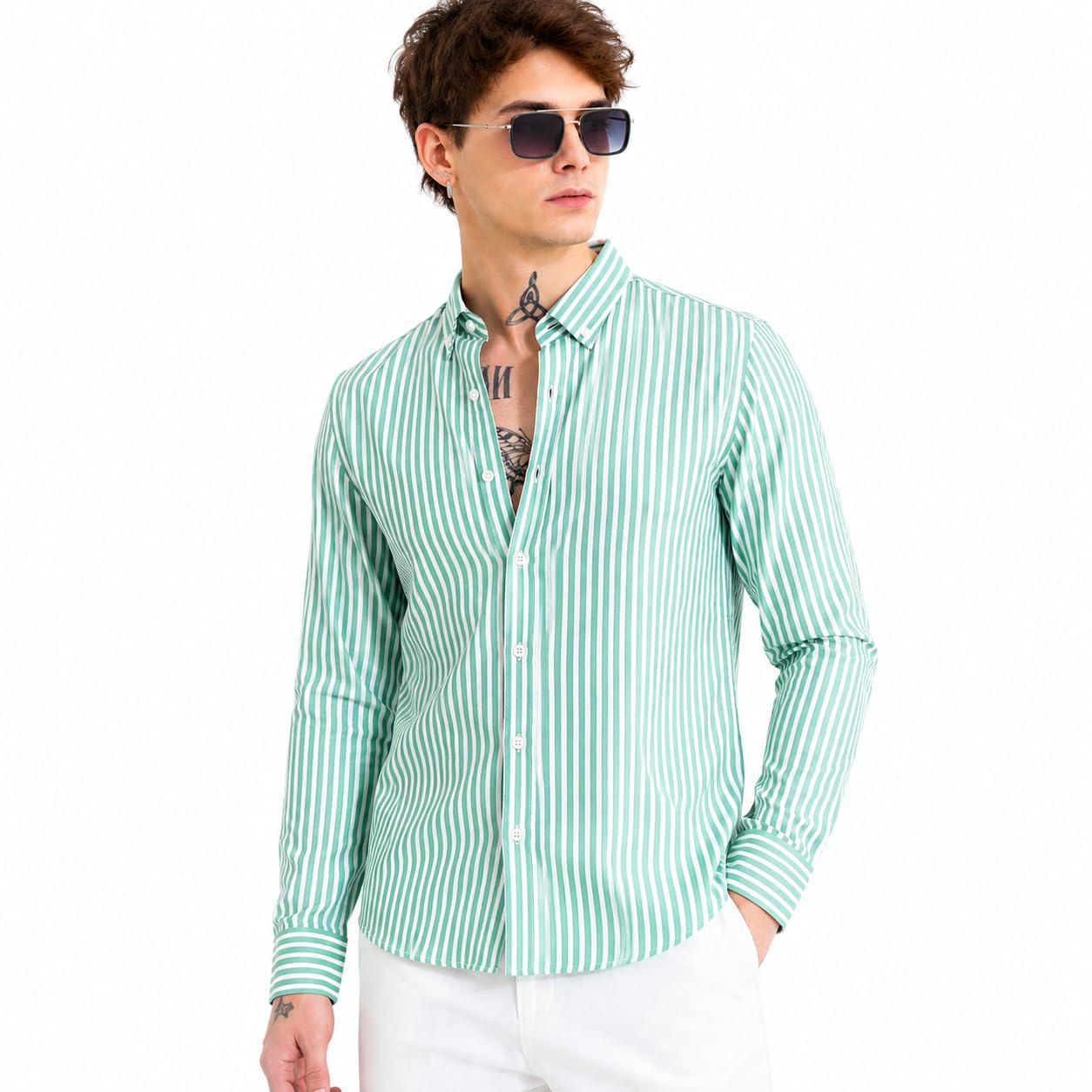 Men’s Green Striped Cotton Casual Wear Shirt | Full Sleeve Regular Fit Spread Collar Apparel | Breathable Summer Outfit for Office Vacation Daily Use-picture-20