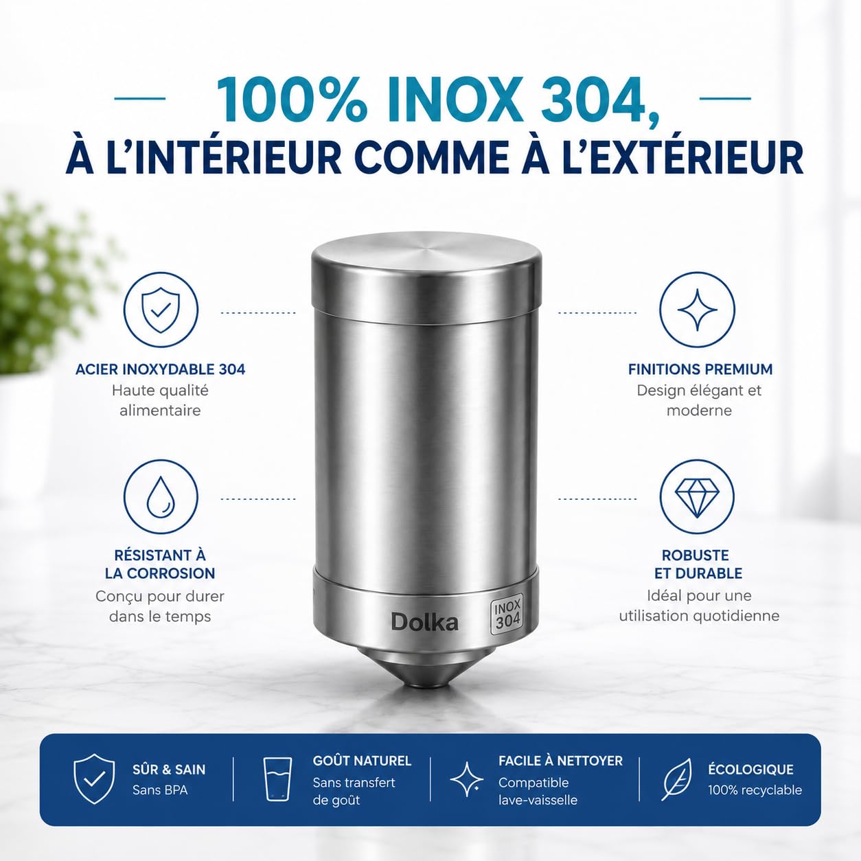 Filtre Eau Robinet Cuisine Dolka – Purificateur Eau Robinet en 100% inox – Eau Filtrée Instantanée – Filtre Eau Maison avec Charbon Actif – Installation Facile Sans Outils