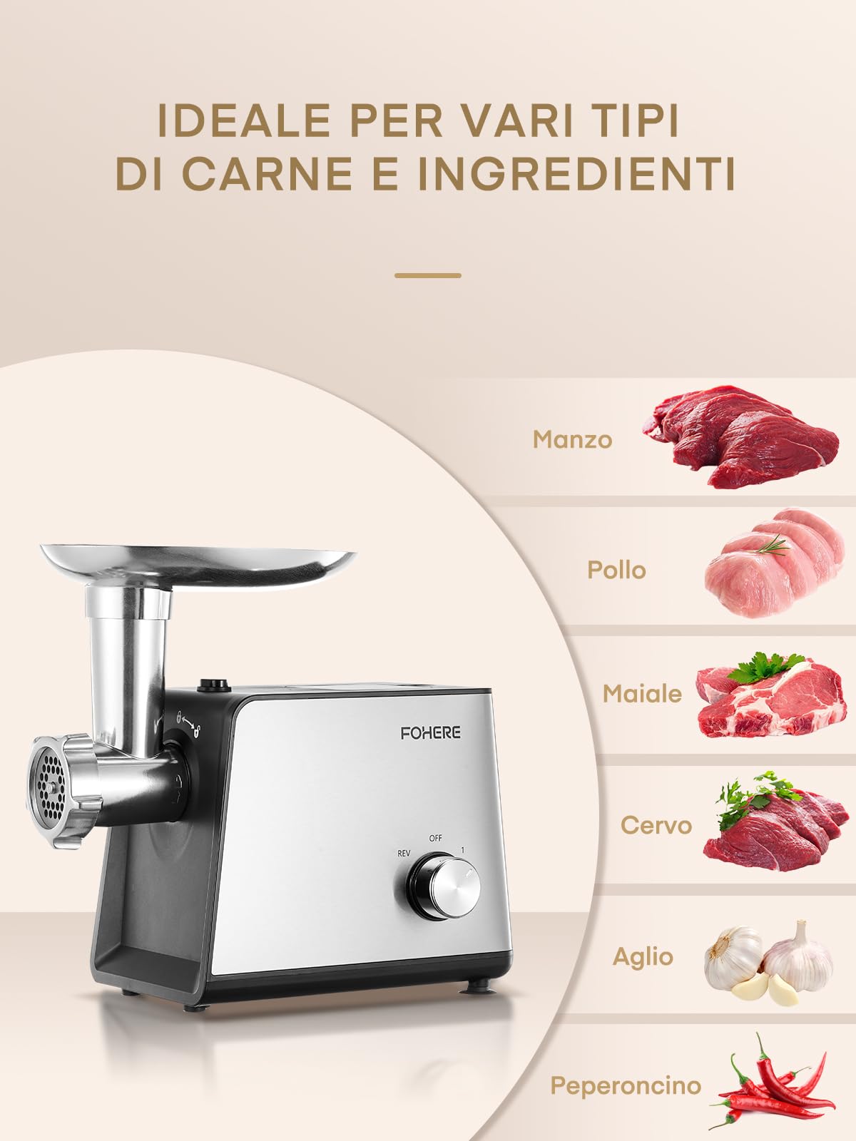 FOHERE Tritacarne Elettrico 3200W Max con 3 Piastre e 3 Tubi | Tritacarne professionale in acciaio inox con 2 lame e kit Kubbe per casa e selvaggina