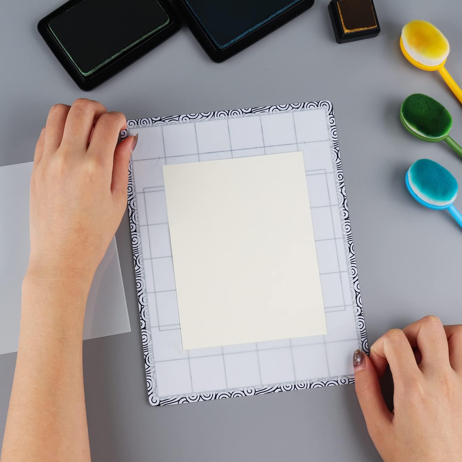 4Pcs/Set Stick and Stamp Mat and fixed Stamp Blending Template Multi Use Low Tack Mat for DIY Projects Paper Card Scrapbooking To Hold Project In Placeholding stencil in place while ink blending fixed