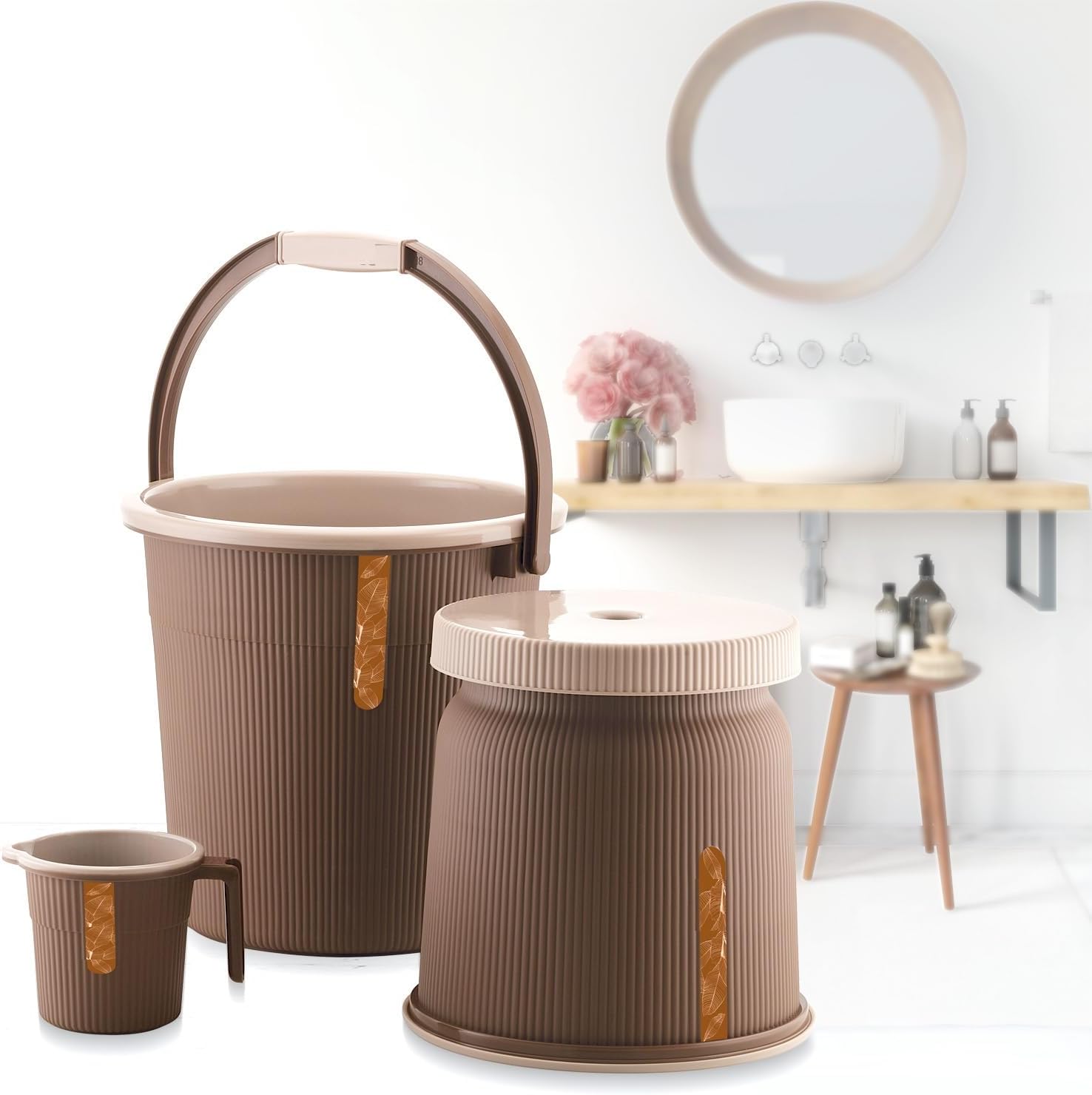 Nabhya Brown Modern Bathroom Accessory Set: 3-Piece Plastic Set with 20L Bucket, Big Stool, 1L Mug for Home & Bathroom
