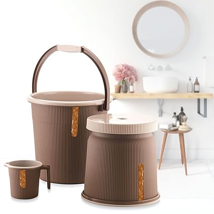 Combo of 3 pcs Bathroom Accessories Set Plastic Bathroom Set with 20Ltr Plastic Bucket, Small Mug and Big Stool for Home, Kitchen & Bathroom (Brown)