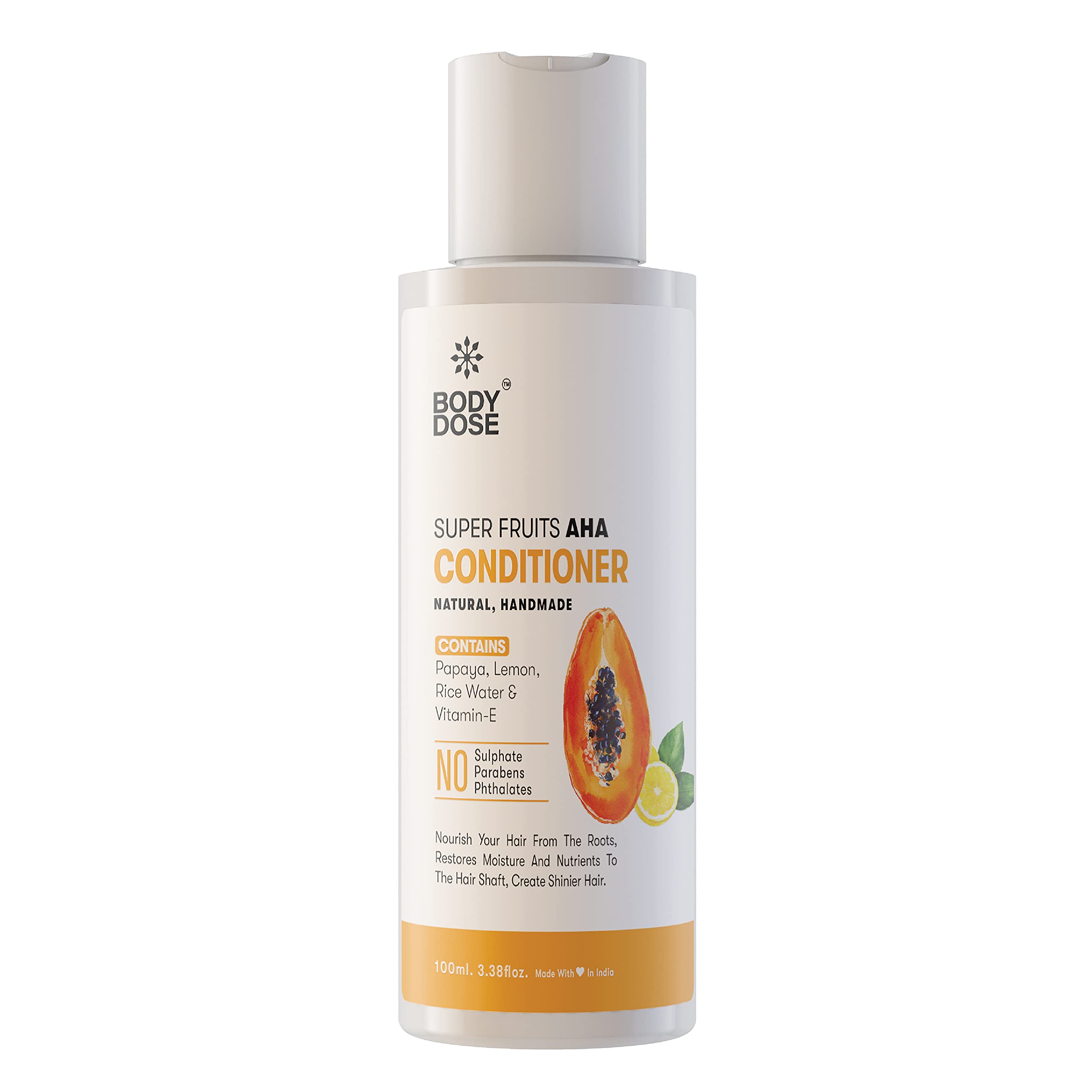 Body Dose Daily Strengthening & Volumizing Conditioner with super fruits AHA ? Papaya, lemon, Rice Water & vitamin ? E - Sulphate Free, silicones free, Parabens Free ? 100 ML