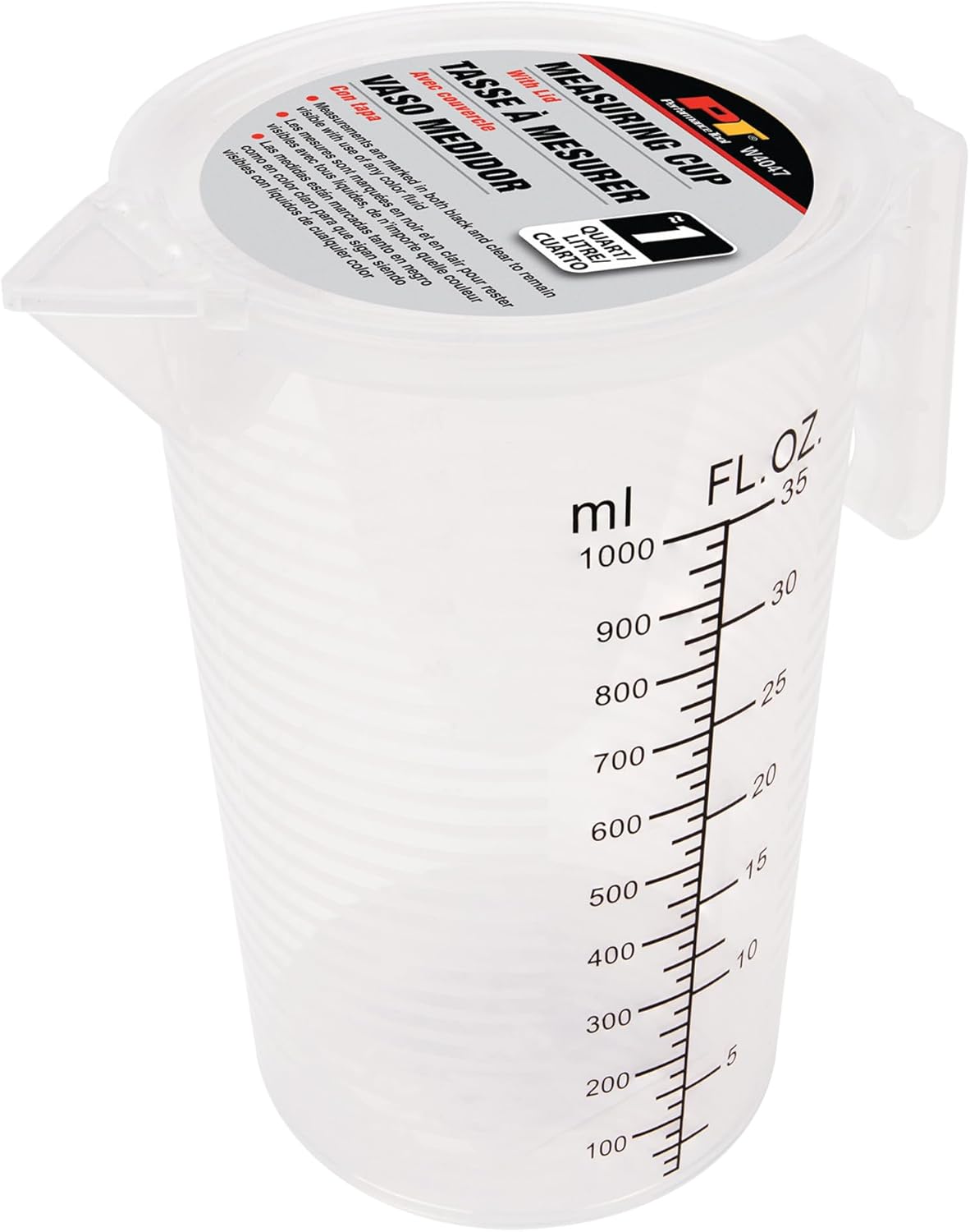 Performance Tool W4047 35 oz. Measuring Cup w/Lid: Automotive-Fluid Resistant Plastic, With oz/ml Measuring Marks in Black and Transparent, Pour Spout and Sturdy Handle for Safe Transport, Transparent