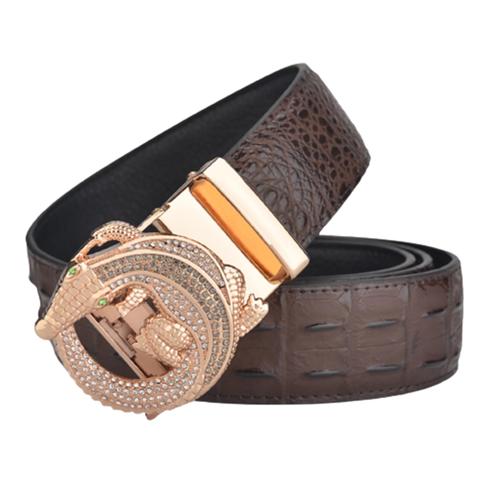 BDAYEK Men's Belt Men's Belt Engraved Hollow Rhinestone Crocodile Leather Automatic Ratchet Buckle(Coffee,130Cm/Waist:44"~46")