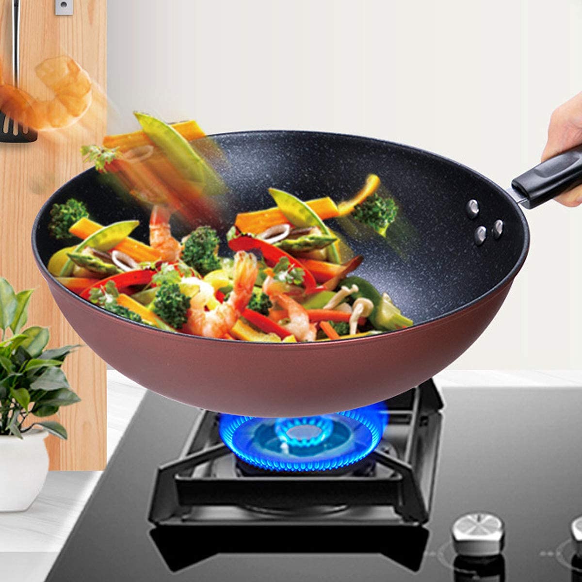 Padella Wok in Ghisa, Wok E Padelle Antiaderenti Padella con Fondo Piatto Antiaderente Padella Wok Antiaderente con Manico Ergonomico E Fondo Piatto, Wok Antiaderente per Tutti I Piani Cottu