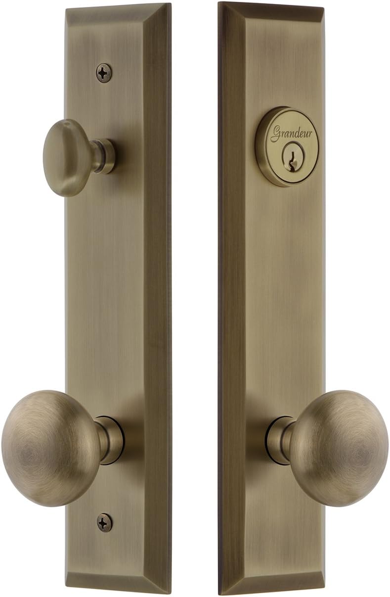 Grandeur Hardware 840745 Fifth Avenue Tall Plate Complete Entry Set with Fifth Avenue Knob, Backset Size - 2.375", Vintage Brass