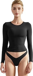 SUUKSESS Women's Double Lined Buttery Soft Long Sleeve Crop Top T-Shirt - Fitted Crew Neck, 4-Way Stretch Slim Fit