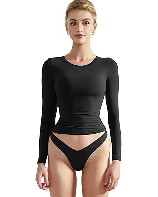 SUUKSESS Women Double Lined Fitted Basic T Shirts Crew Neck Long Sleeve Crop Top