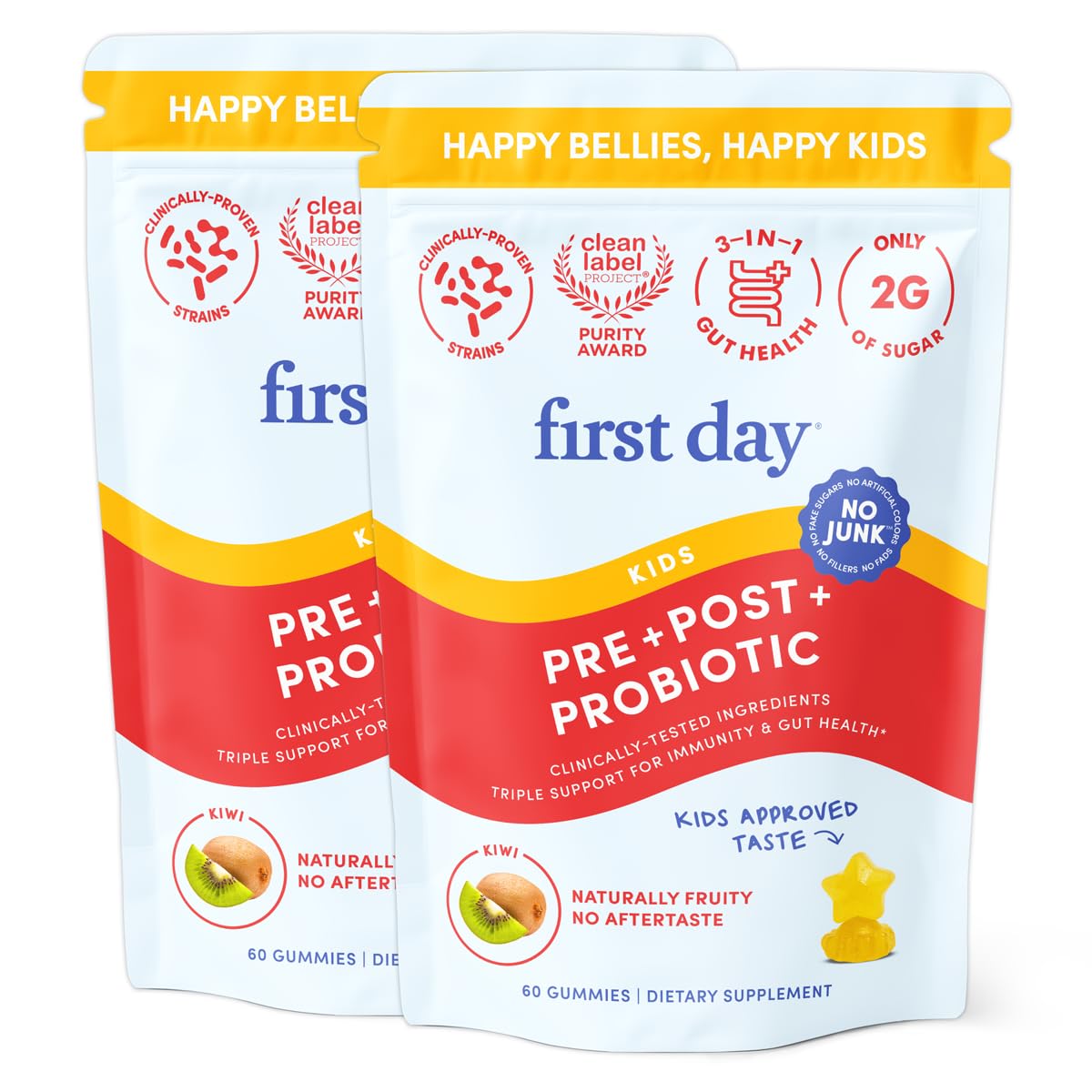 FIRST DAY Kids Probiotic Gummies - 3 in 1 Probiotics for Kids + Prebiotic & Postbiotic - Prebiotics & Probiotics for Digestive Health & Immune Support – Vegan, Gluten Free, 60-Day Supply