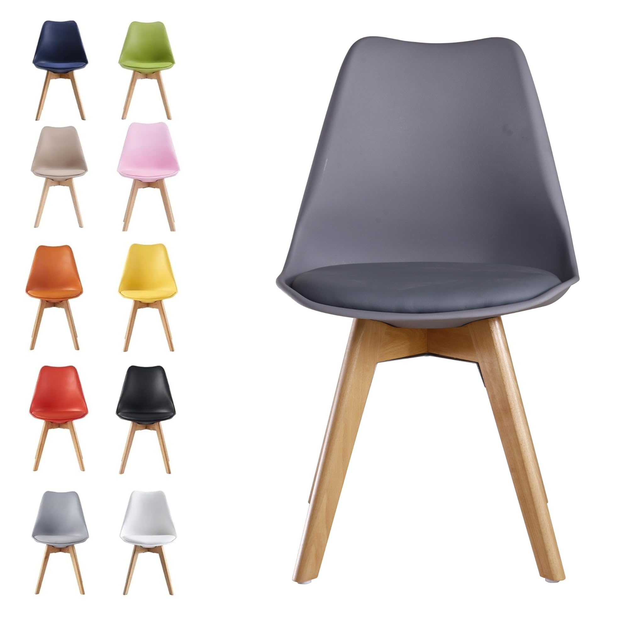 Single Set of 2/4/6 Retro Modern Dining Chairs – Lorenzo Plastic Chairs with Cushioned Pad Seat & Solid Beech Wooden Legs - Side Chair for Living Room Kitchen Office Lounge (Grey, Single)