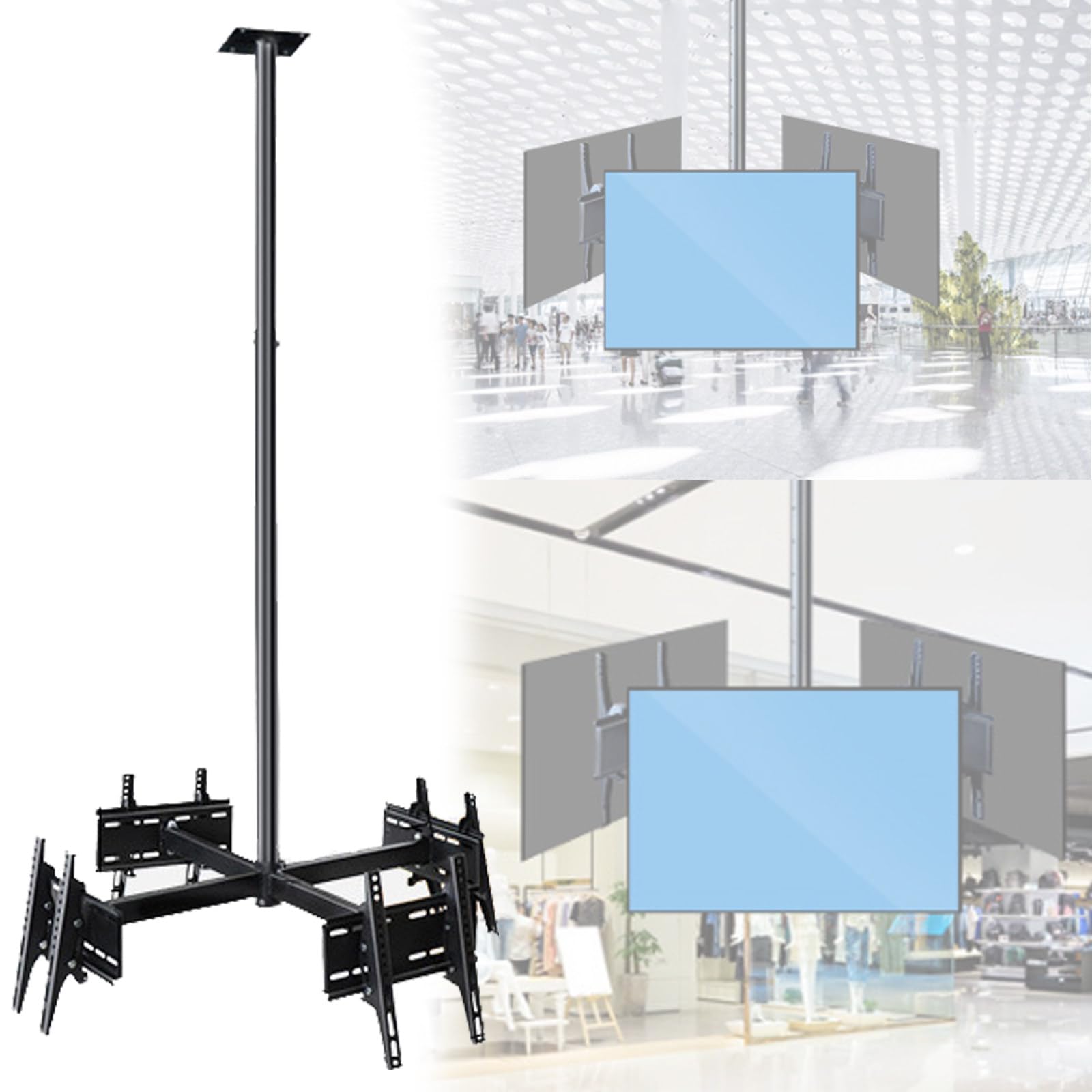 Soporte de techo para TV de 3 o 4 pantallas: soporte giratorio de 360° con alcance telescópico de 1,2 a 2 m y ajuste de ángulo de ±15° para TV de 32 a 75 pulgadas,4screen