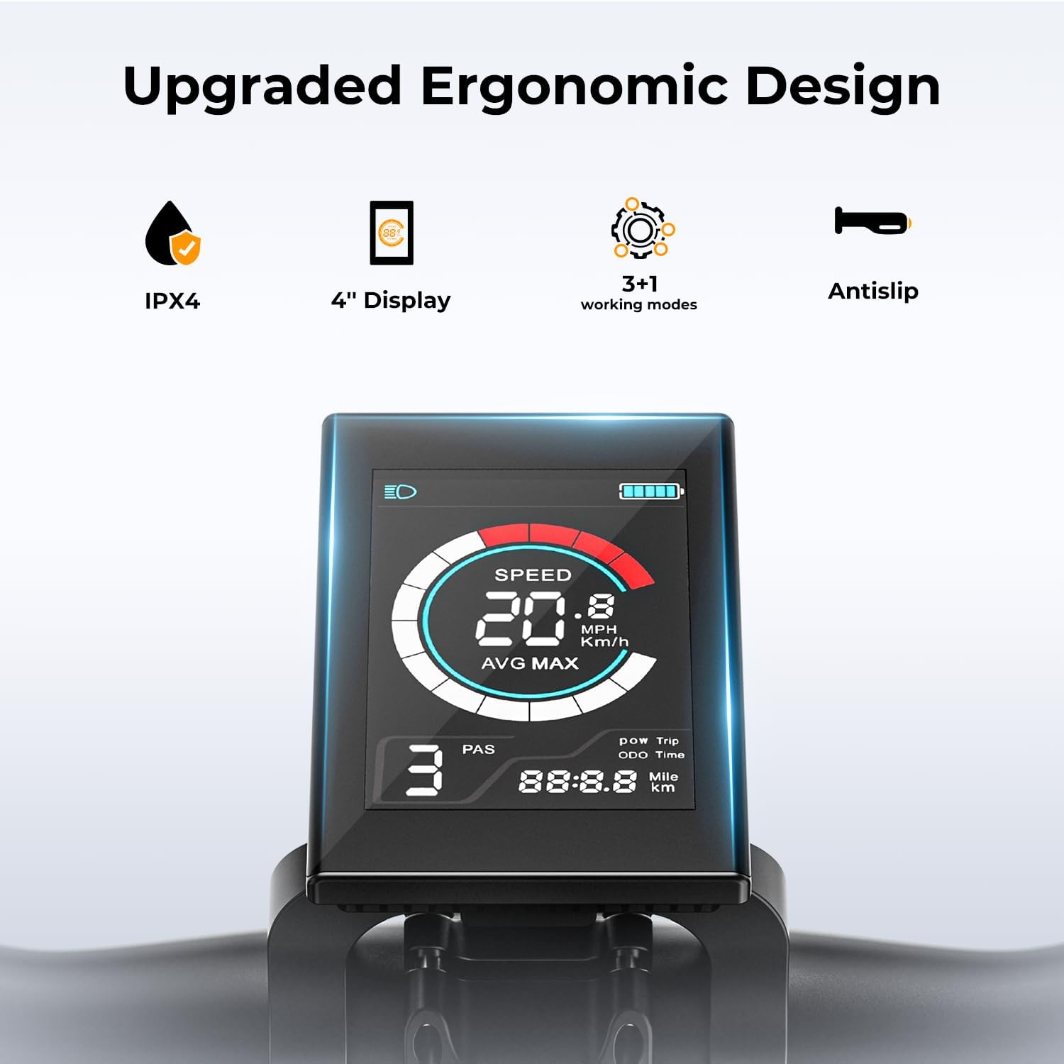 Close-up of the Jasion EB5's upgraded ergonomic LCD display, showing speed (20.8 MPH), battery level, and PAS level 3, with icons for IPX4 water resistance, 4-inch display, 3+1 working modes, and anti-slip features.