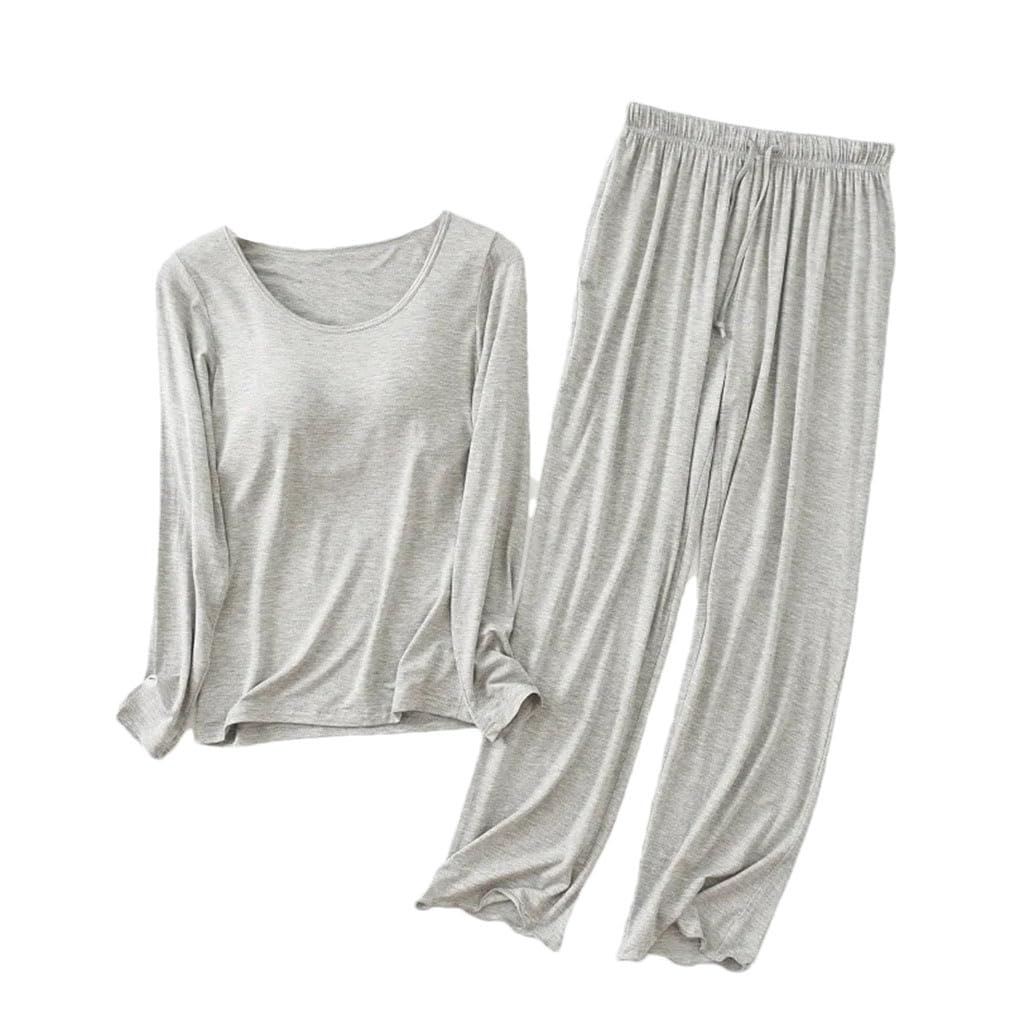 Conjunto de Pijama de Invierno para Mujer, de algodón, de Manga Larga, con pantalón y Sujetador Incorporado, Informal, de Dos Piezas (Gris 9 L)