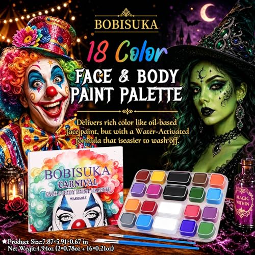 Image of BOBISUKA 18 Color Water-Activated Cream Face Paint Palette, Washable Face & Body Painting Kit with Extra Black & White Pans and Brushes for Halloween, Cosplay, Carnival, SFX & Costume Makeup
