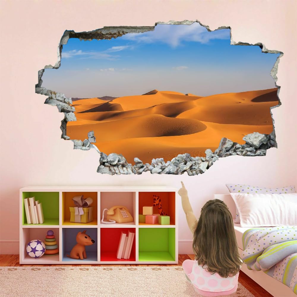 Adesivi Murali 3D Fracassato Deserto Decorazione Domestica Smontabile Del Vinile Del Tatuaggio Della Parete Cielo Azzurro E Nuvole Bianche Decalcomanie Impermeabili Art For Kids Room Wall Decor 120x80