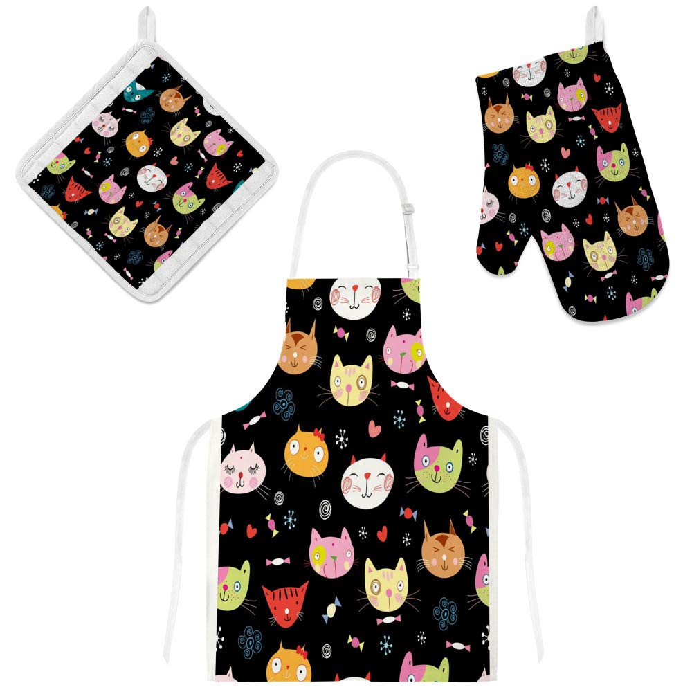 Gant de cuisine et manique avec tablier de cuisine motif chat réglable