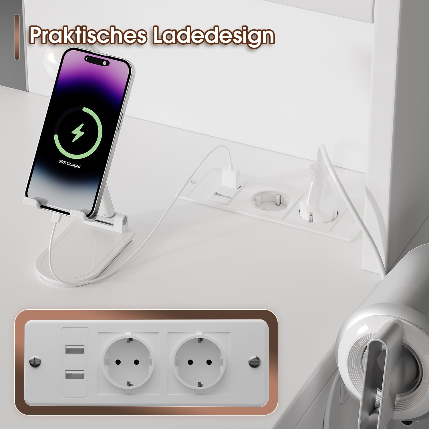 JUMMICO Große Schminktisch mit Verstellbaren LED-Beleuchtung und Steckdosen, Schminktisch mit Spiegel und 7 Schubladen, Fashionabler Frisiertisch Mit 10 LED Beleuchtung Schlafzimmer, Weiß